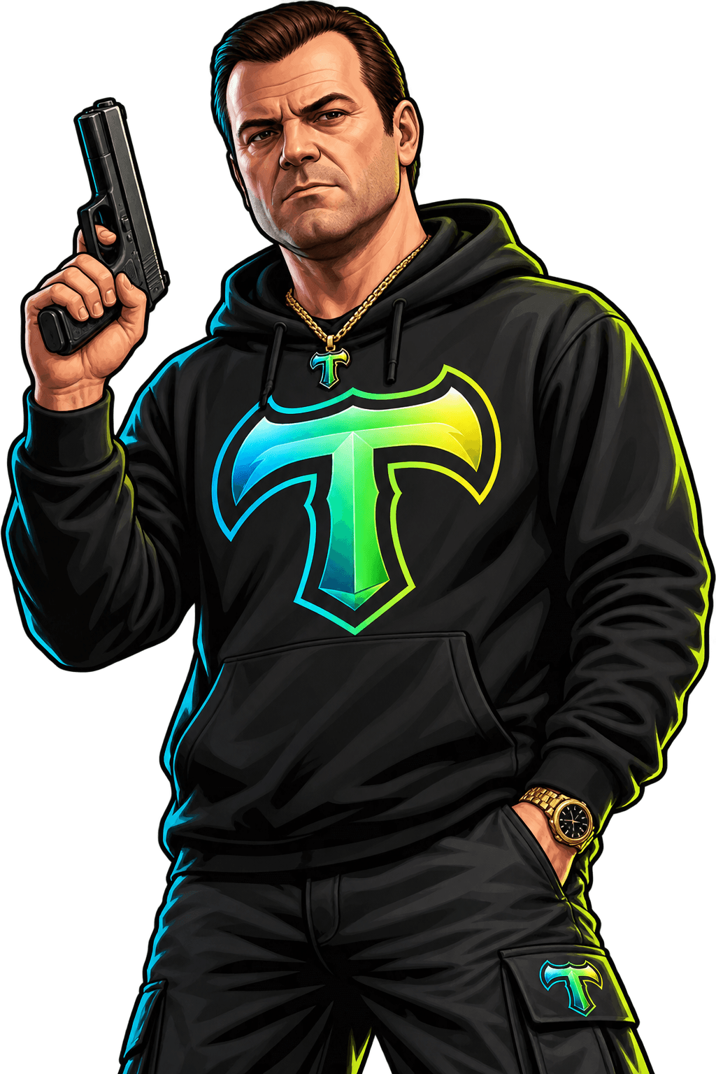 TitanShield mascot wearing the Titan T hoodie